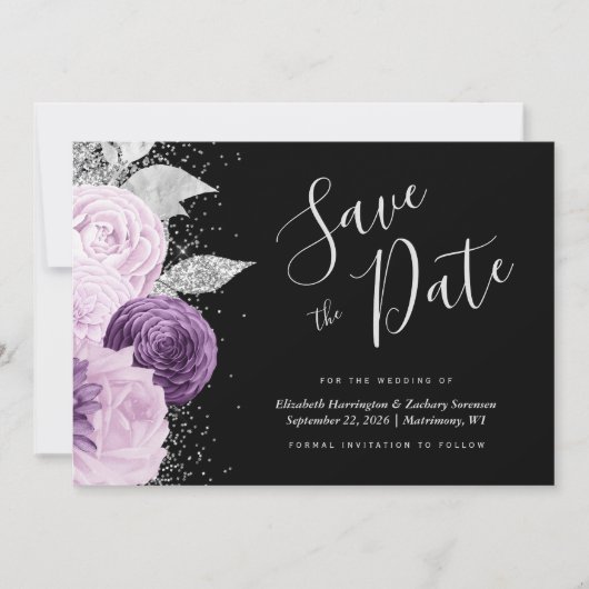 Floral Paarse Silver Glitter Black Save the Date Kaart (Voorkant)