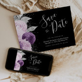 Floral Paarse Silver Glitter Black Save the Date Kaart