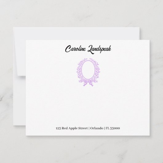 Floral Paarse spiegelmonogram Notitiekaartje (Voorkant)