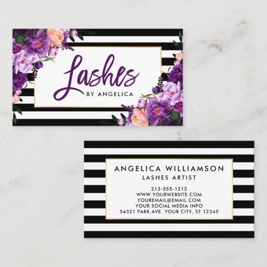 Floral Paarse streepjes in penseelscript gestript Visitekaartje (Voorkant / Achterkant)