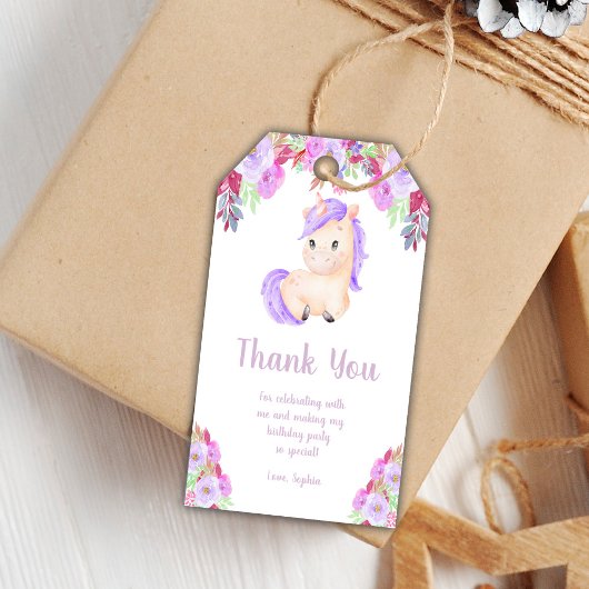 Floral Paarse Unicorn Birthday Gift Labels Cadeaulabel