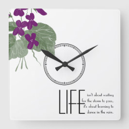 Floral Paarse Violets Life Quote Vierkante Klok