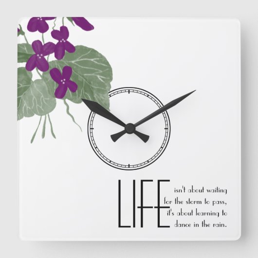 Floral Paarse Violets Life Quote Vierkante Klok (Voorkant)