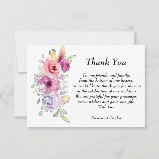 Floral. Paarse, violette en roze waterverf bloemen Bedankkaart (Voorkant)