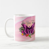 Floral paarse vlinder roze koffiemok (Links)