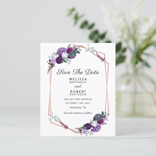 Floral Paarse Waterverf bruiloft Save the Date (Staand voorkant)