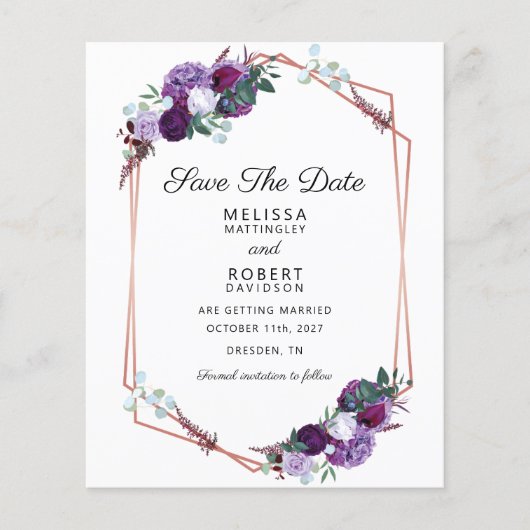 Floral Paarse Waterverf bruiloft Save the Date (Voorkant)