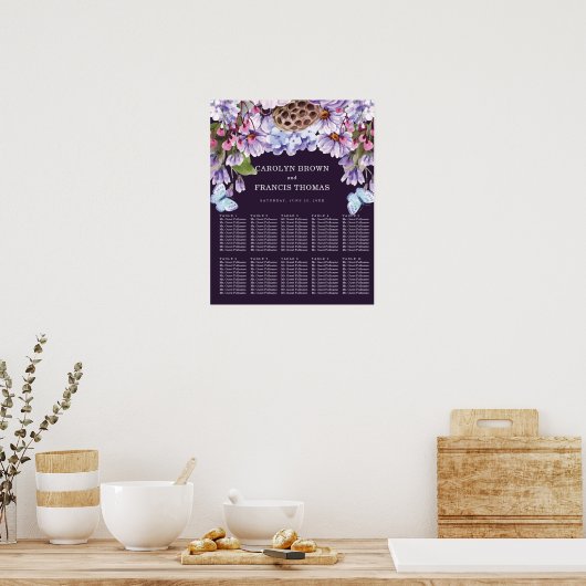 Floral Paarse Waterverf bruiloft | Zitkaarten Poster (Keuken)