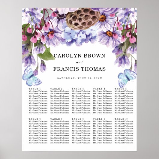 Floral Paarse Waterverf bruiloft | Zitkaarten Poster (Voorkant)