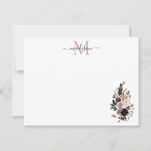 Floral Paarse Waterverf Rose Bouquet Monogram Notitiekaartje (Voorkant)