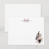 Floral Paarse Waterverf Rose Bouquet Monogram Notitiekaartje (Voorkant / Achterkant)