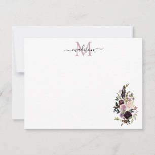 Floral Paarse Waterverf Rose Bouquet Monogram Notitiekaartje