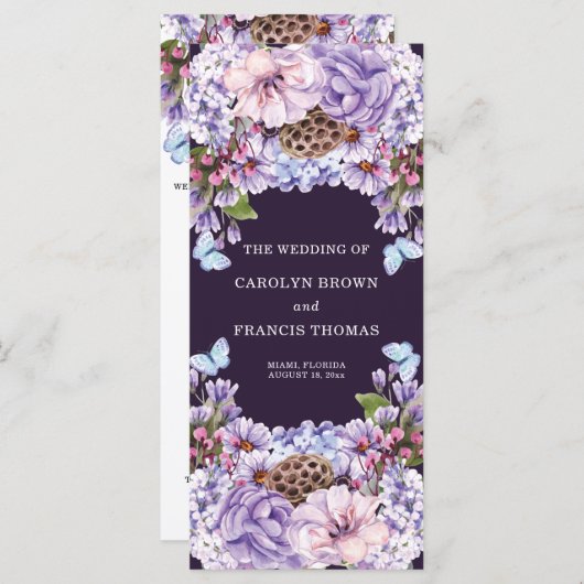 Floral Paarse Waterverf Wedding Programme Programmakaart (Voorkant / Achterkant)