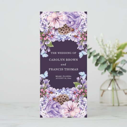 Floral Paarse Waterverf Wedding Programme Programmakaart (Staand voorkant)