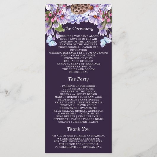 Floral Paarse Waterverf Wedding Programme Programmakaart (Achterkant)
