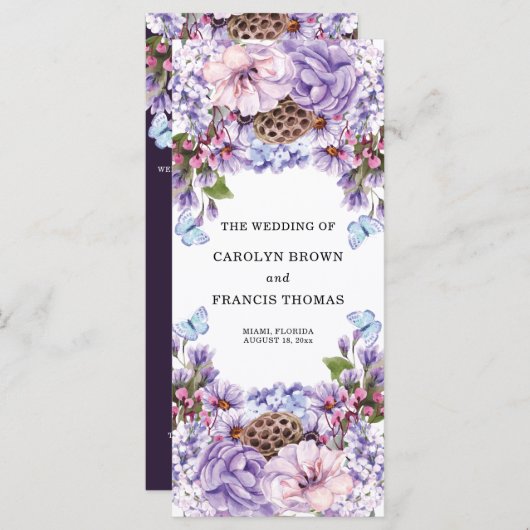 Floral Paarse Waterverf Wedding Programme Programmakaart (Voorkant / Achterkant)