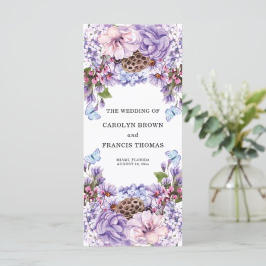 Floral Paarse Waterverf Wedding Programme Programmakaart (Staand voorkant)