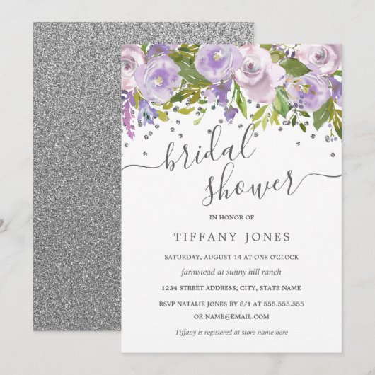 Floral Paarse zilveren Confetti Vrijgezellenfeest Kaart (Voorkant / Achterkant)