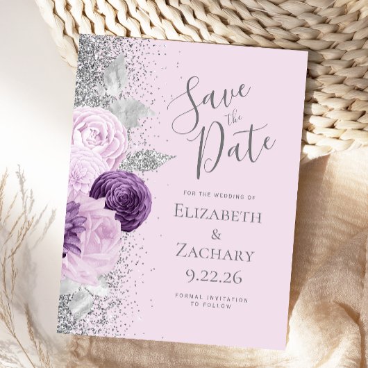 Floral Paarse zilveren glitter lavendel Briefkaart