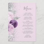 Floral Paarse Zilveren Glitter Lavendel Wedding Menu (Voorkant)
