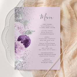 Floral Paarse Zilveren Glitter Lavendel Wedding Menu