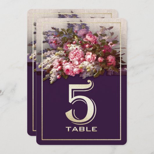 Floral Painting Plum Gold Party Table Number Kaart (Voorkant / Achterkant)