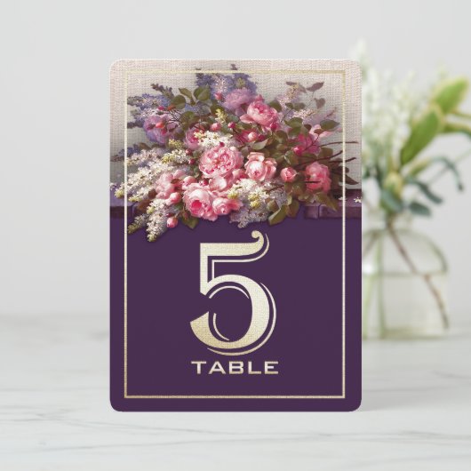 Floral Painting Plum Gold Party Table Number Kaart (Staand voorkant)