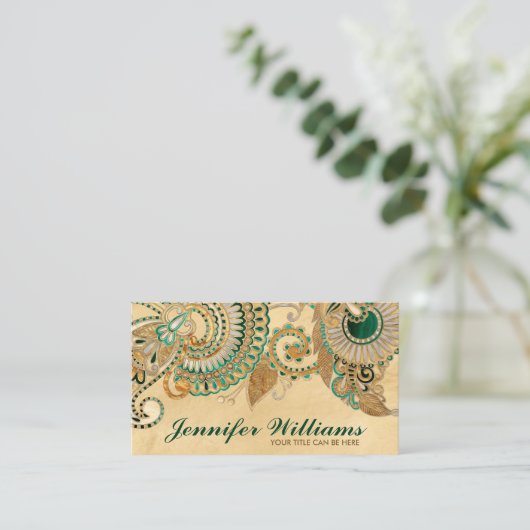 Floral Paisley Ornament Malachite en Gold Visitekaartje (Staand voorkant)