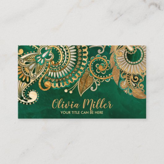 Floral Paisley Ornament Malachite en Gold Visitekaartje (Voorkant)