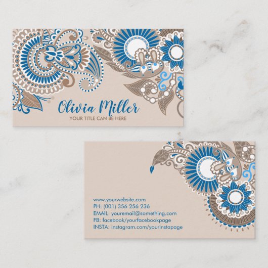 Floral Paisley Ornament Pastel Beige and Blue Visitekaartje (Voorkant / Achterkant)