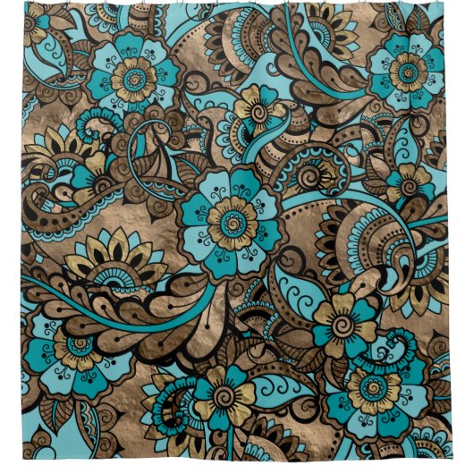Floral Paisley Pattern - blauwgroen en gouden soor Douchegordijn (Voorkant)