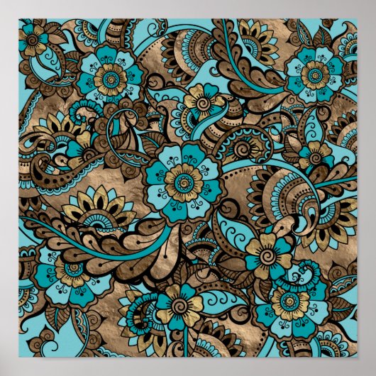 Floral Paisley Pattern - blauwgroen en gouden soor Poster (Voorkant)