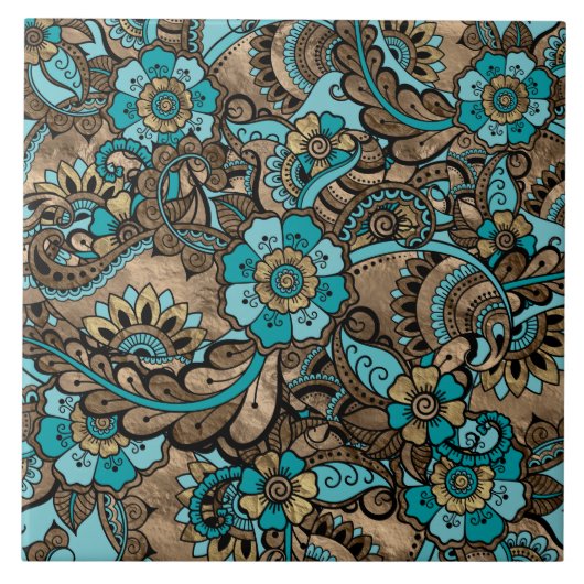 Floral Paisley Pattern - blauwgroen en gouden soor Tegeltje (Voorkant)