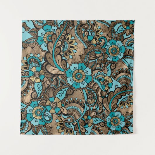Floral Paisley Pattern - blauwgroen en gouden soor Wandkleed (Voorkant (horizontaal))