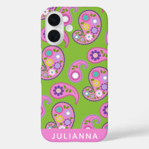 Floral Paisley Pattern roze Groen gepersonaliseerd iPhone 16 Hoesje