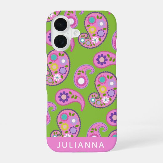 Floral Paisley Pattern roze Groen gepersonaliseerd iPhone 16 Hoesje (Achterkant)