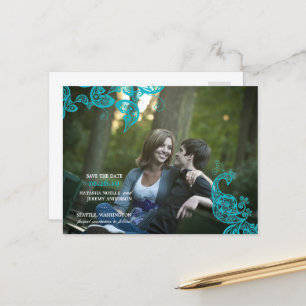  Floral Paisley Peacock Foto slaat de datum op Aankondigingskaart