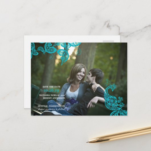  Floral Paisley Peacock Foto slaat de datum op Aankondigingskaart (Voorkant / Achterkant in situ)