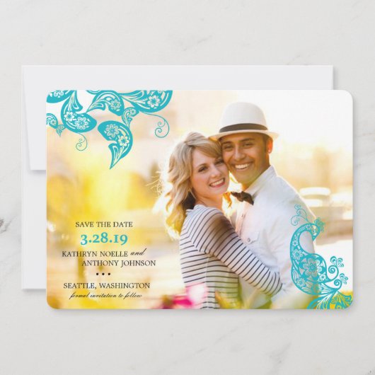  Floral Paisley Turquoise Peacock Foto Save The Date (Voorkant)