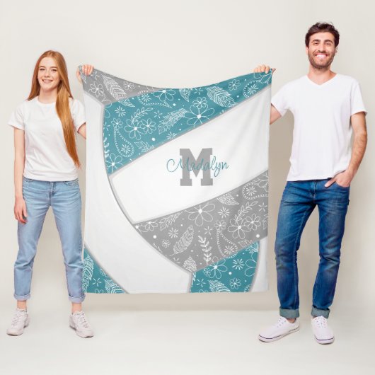 floral paisley veren blauwgroen grijs boho volleyb fleece deken (In situ)