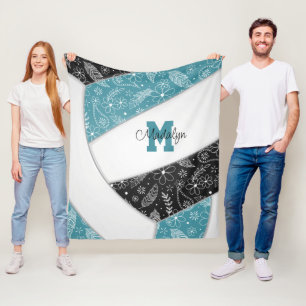 floral paisley veren blauwgroen zwart boho volleyb fleece deken