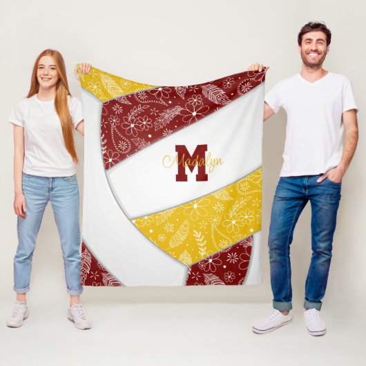 floral paisley veren maroon gold volleybal fleece deken (In situ)