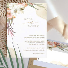 Floral Palm Leaves, Cream and Peach Wedding Kaart