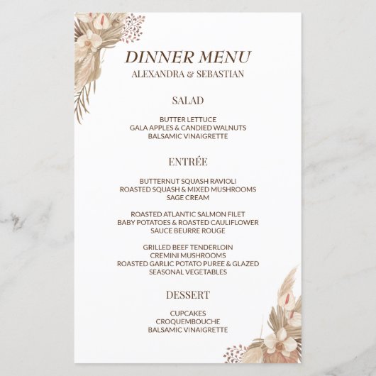 Floral Pampa Grass Wedding Dinner Menu (Achterkant)