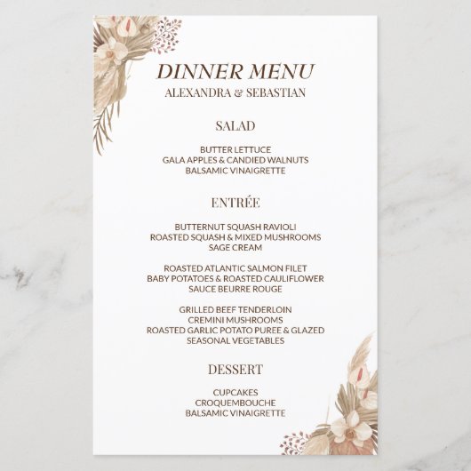 Floral Pampa Grass Wedding Dinner Menu (Voorkant)