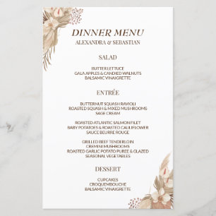 Floral Pampa Grass Wedding Dinner Menu