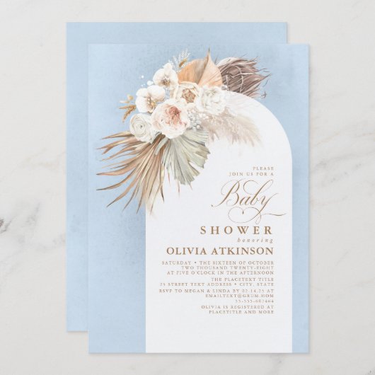 Floral Pampas Grass Boho Dusty Blue Baby shower Kaart (Voorkant / Achterkant)
