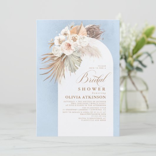 Floral Pampas Grass Boho Dusty Blue Vrijgezellenfe Kaart (Staand voorkant)