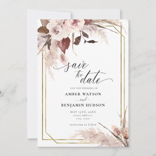 Floral Pampas grass Boho Wedding Save the Date Inv Kaart (Voorkant)