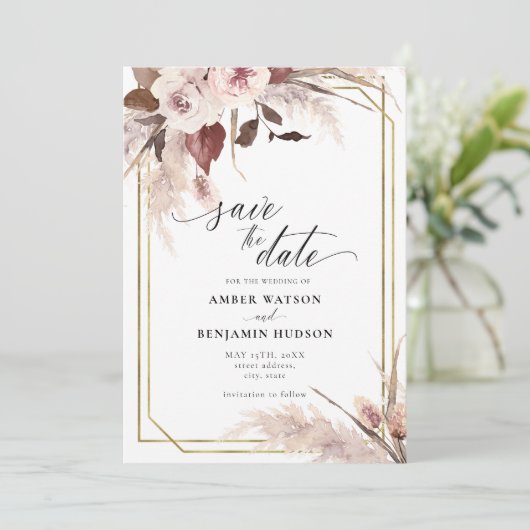 Floral Pampas grass Boho Wedding Save the Date Inv Kaart (Staand voorkant)